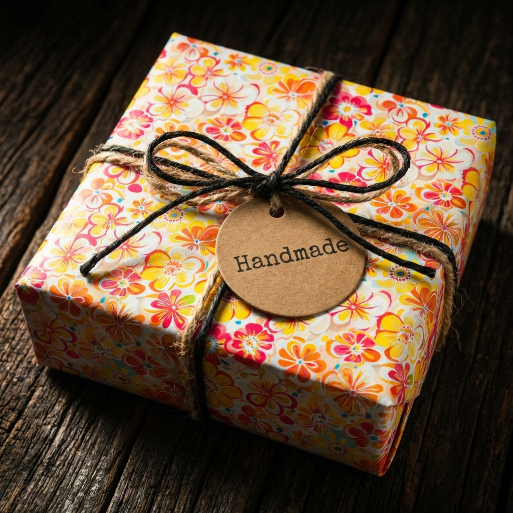 Handmade gift wrapped in floral wrapping paper with twine bow and "handmade" tag.