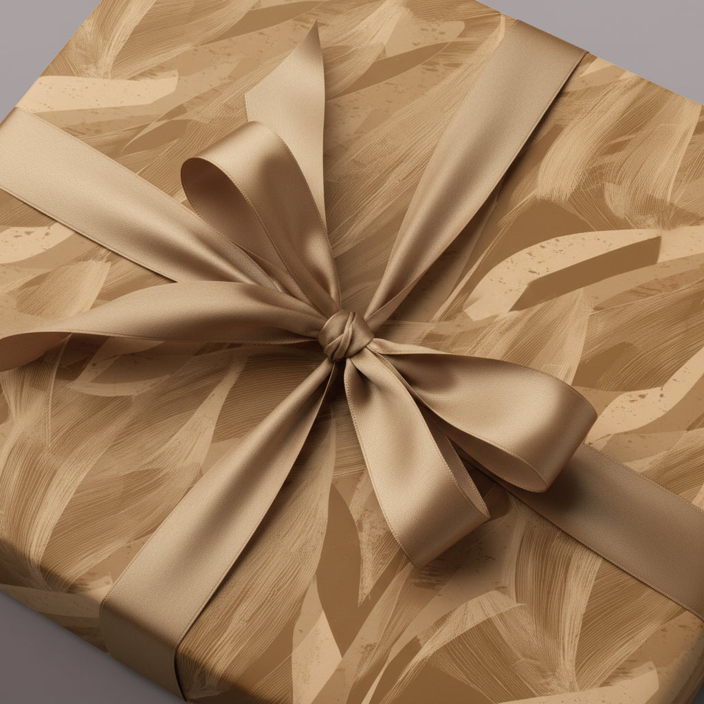 Elegant gift wrapped in brown leaf print wrapping paper with a satin gold ribbon and bow.