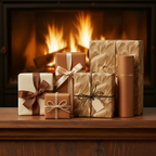 Neutral Christmas gift wrap: Elegant brown boxes with ribbons on mantel by fireplace.