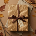 Elegant gift wrapped in brown abstract pattern paper with a dark brown satin ribbon bow for an autumnal celebration.