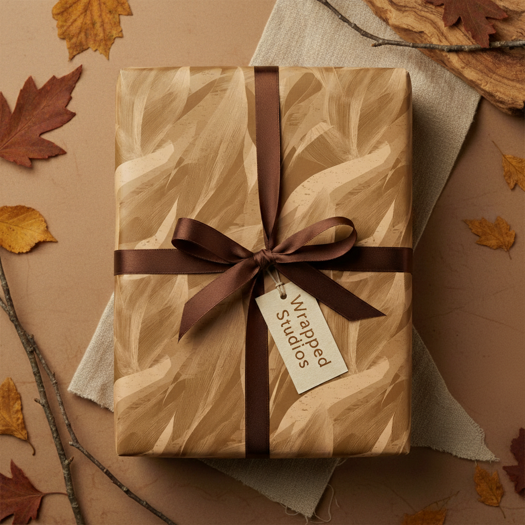 Elegant gift wrapped in brown abstract pattern paper with a dark brown satin ribbon bow for an autumnal celebration.