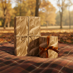 Rustic autumn gifts: Kraft wrapping paper with a leafy design, tied with twine and a velvet ribbon on a plaid blanket.