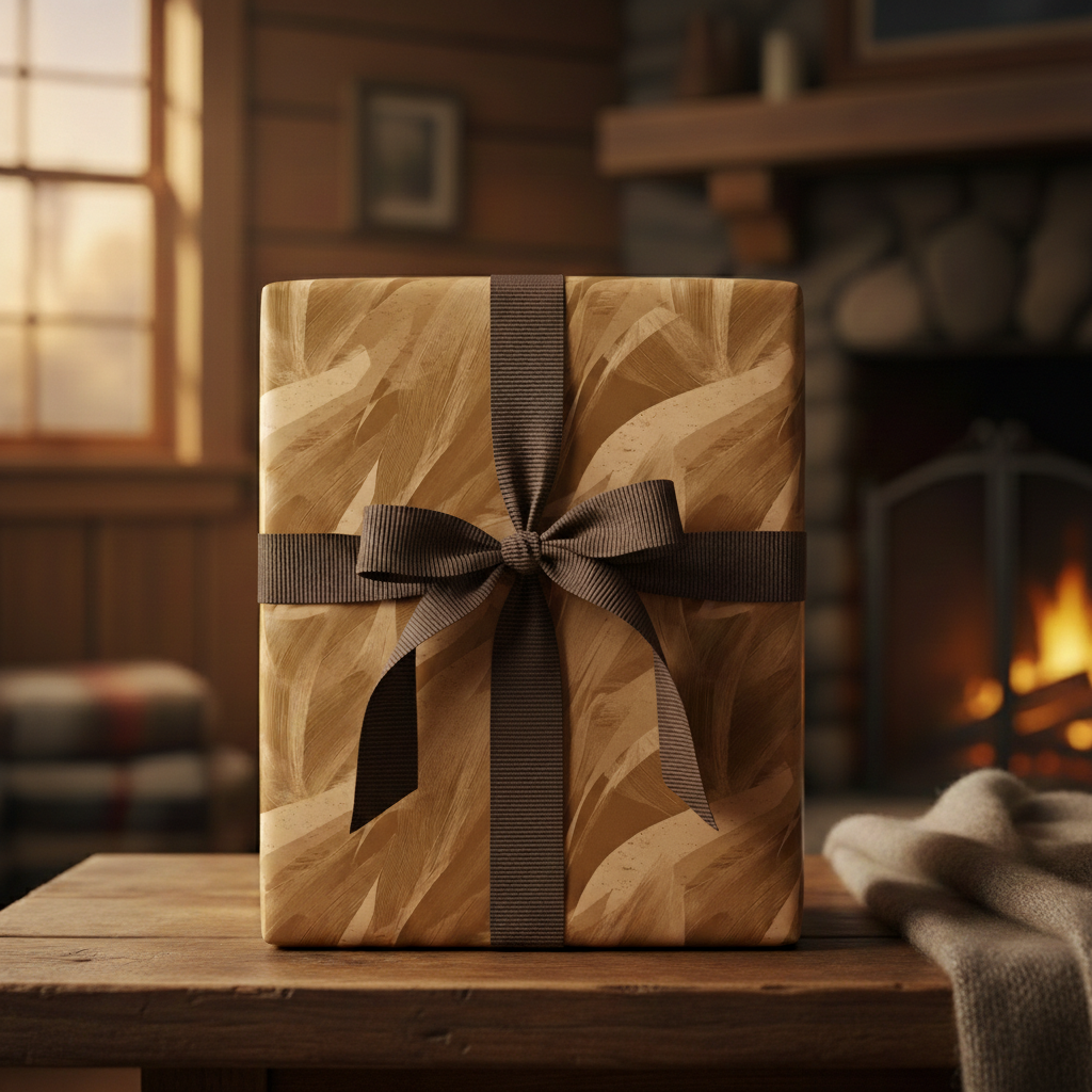 Neutral abstract wrapping paper with a brown ribbon, perfect for Christmas or birthday gifts.