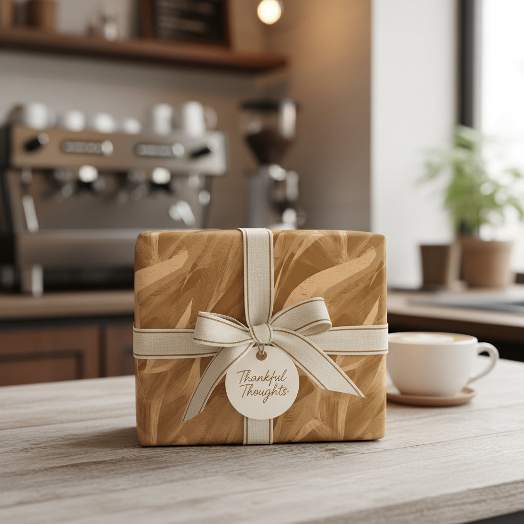 Neutral gift with a bow and "Thankful Thoughts" tag in a rustic coffee shop setting.