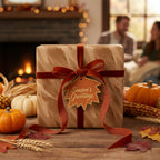 Rustic autumn gift with tan wrapping paper, rust velvet ribbon, and "Season's Greetings" tag.