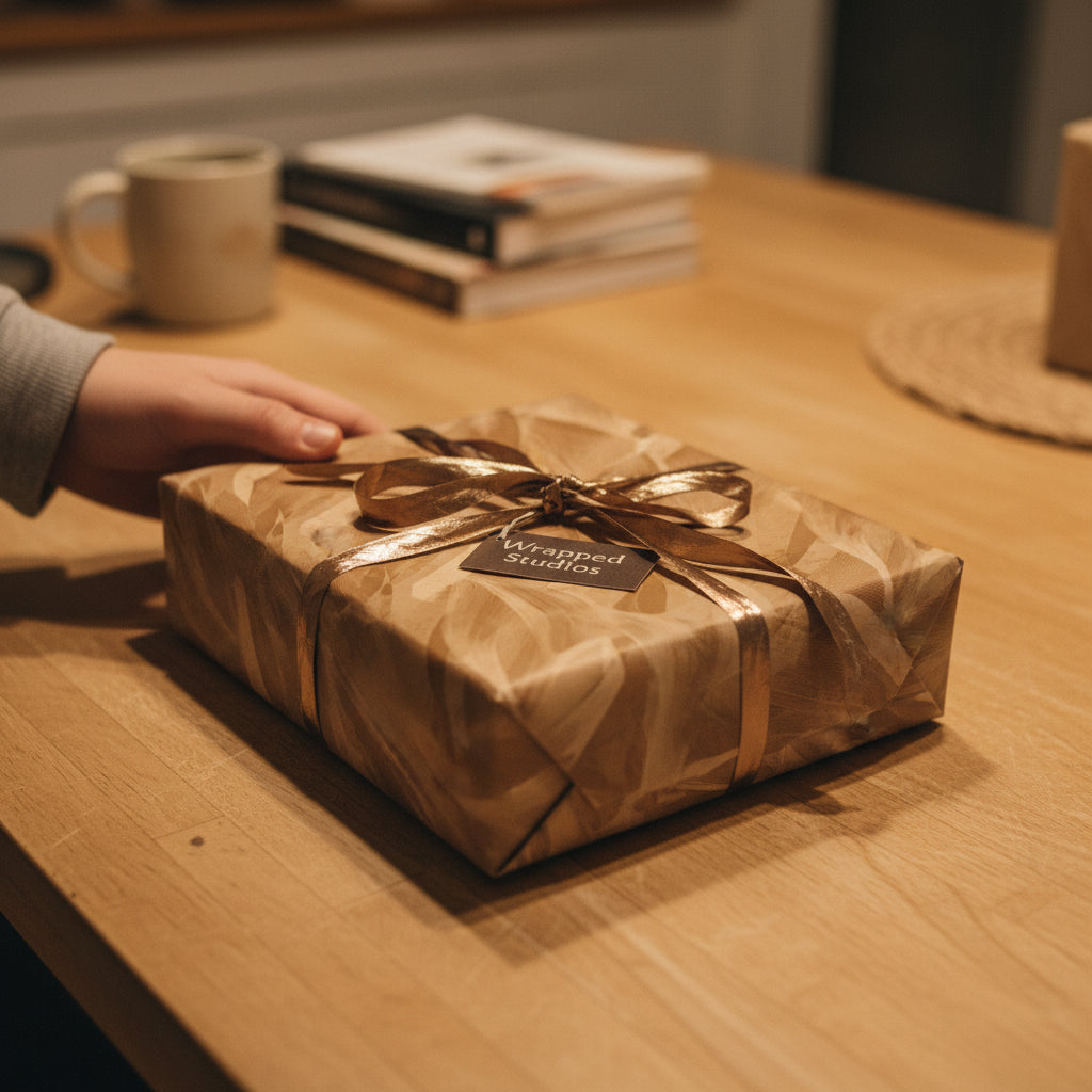 Hand reaches for a modern gift wrapped in tan paper with a gold ribbon on a wooden table.