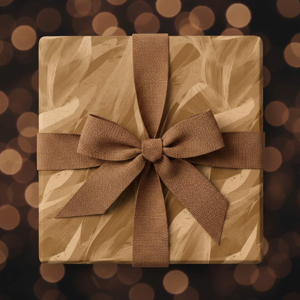 Square gift box in gold abstract feather wrapping paper with brown grosgrain ribbon bow.