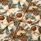 Rustic Christmas wrapping paper with pinecone print and copper wire bow by Wrapped Studios.