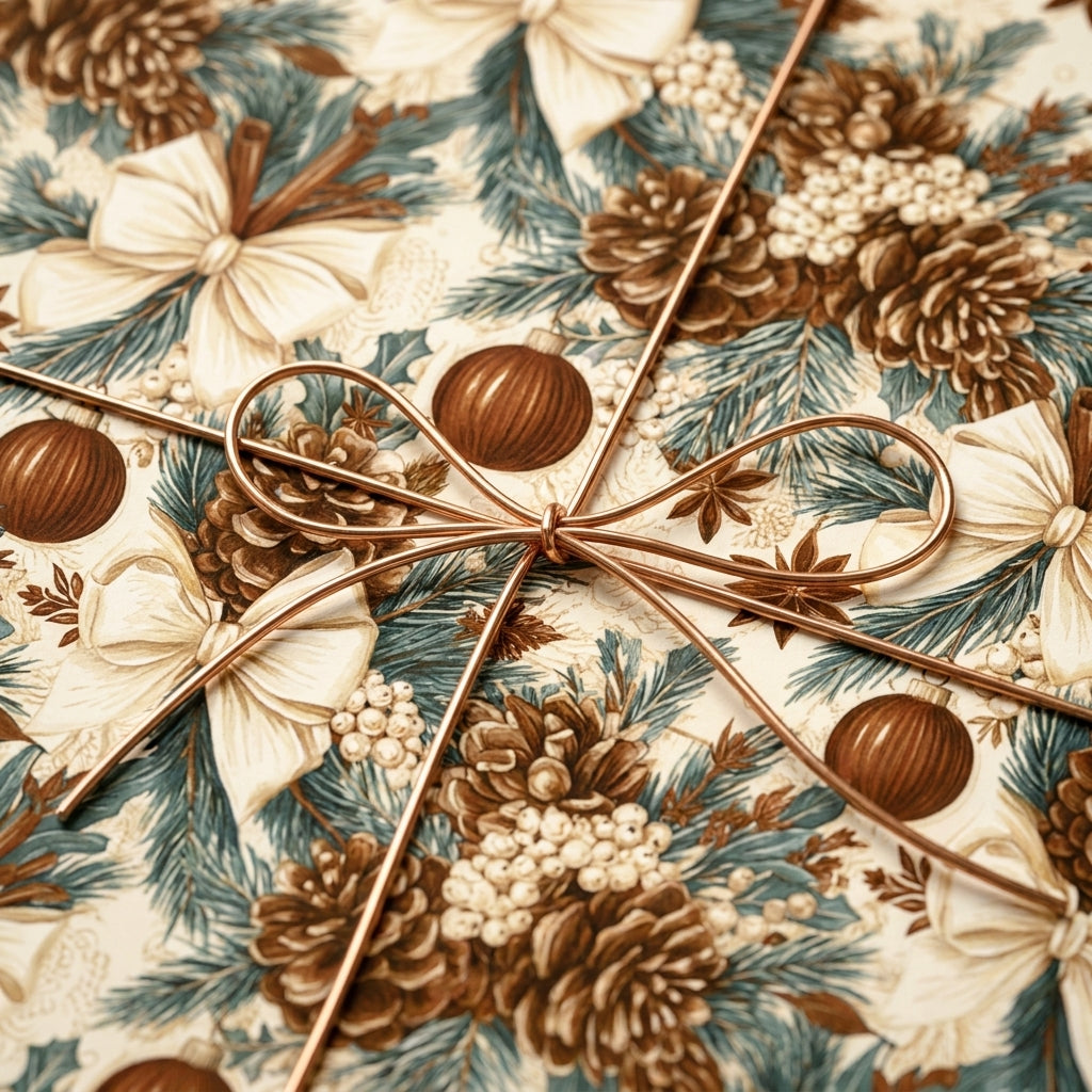 Rustic Christmas wrapping paper with pinecone print and copper wire bow by Wrapped Studios.