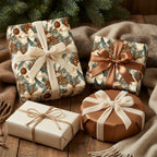 Rustic Christmas wrapping paper with pinecone pattern and velvet ribbons on cozy gifts by Wrapped Studios.