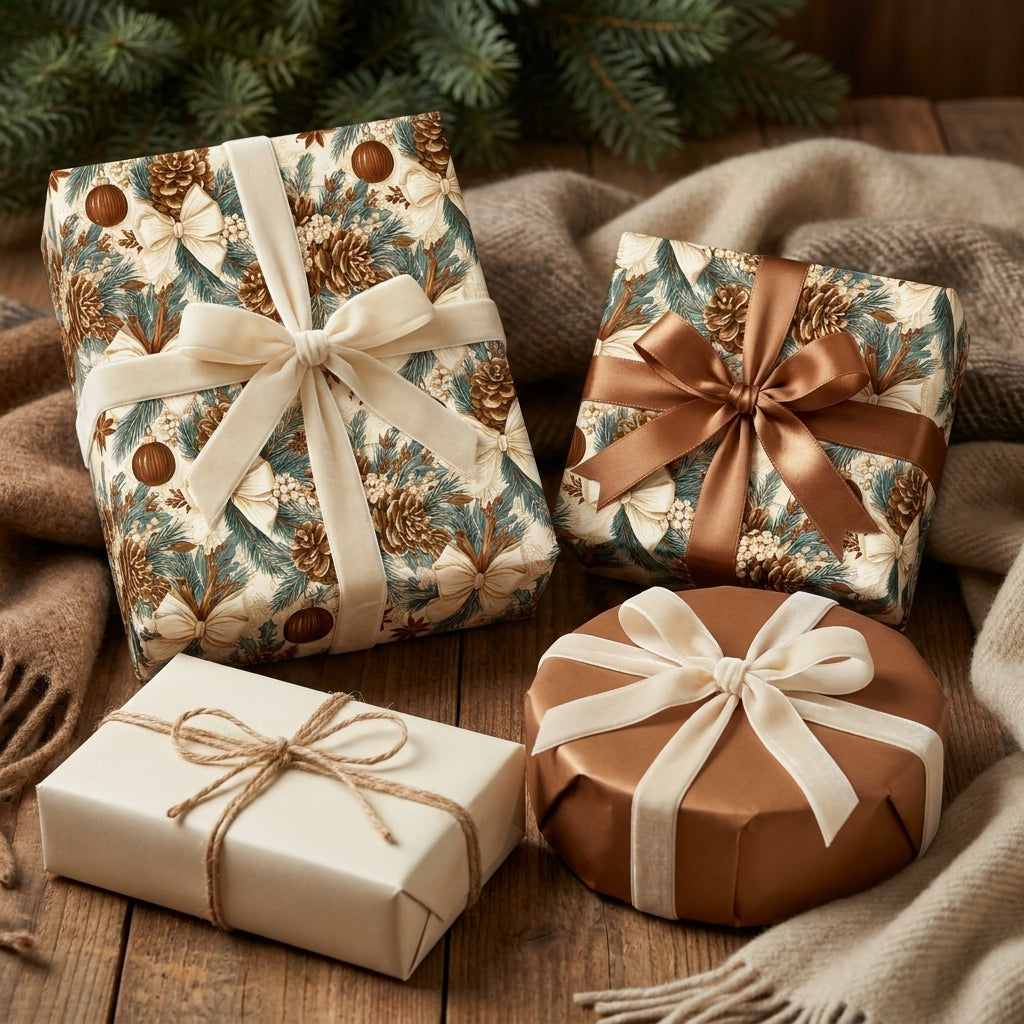 Rustic Christmas wrapping paper with pinecone pattern and velvet ribbons on cozy gifts by Wrapped Studios.
