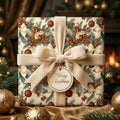 Luxury vintage Christmas wrapping paper with a pinecone design and cream velvet ribbon by Wrapped Studios.