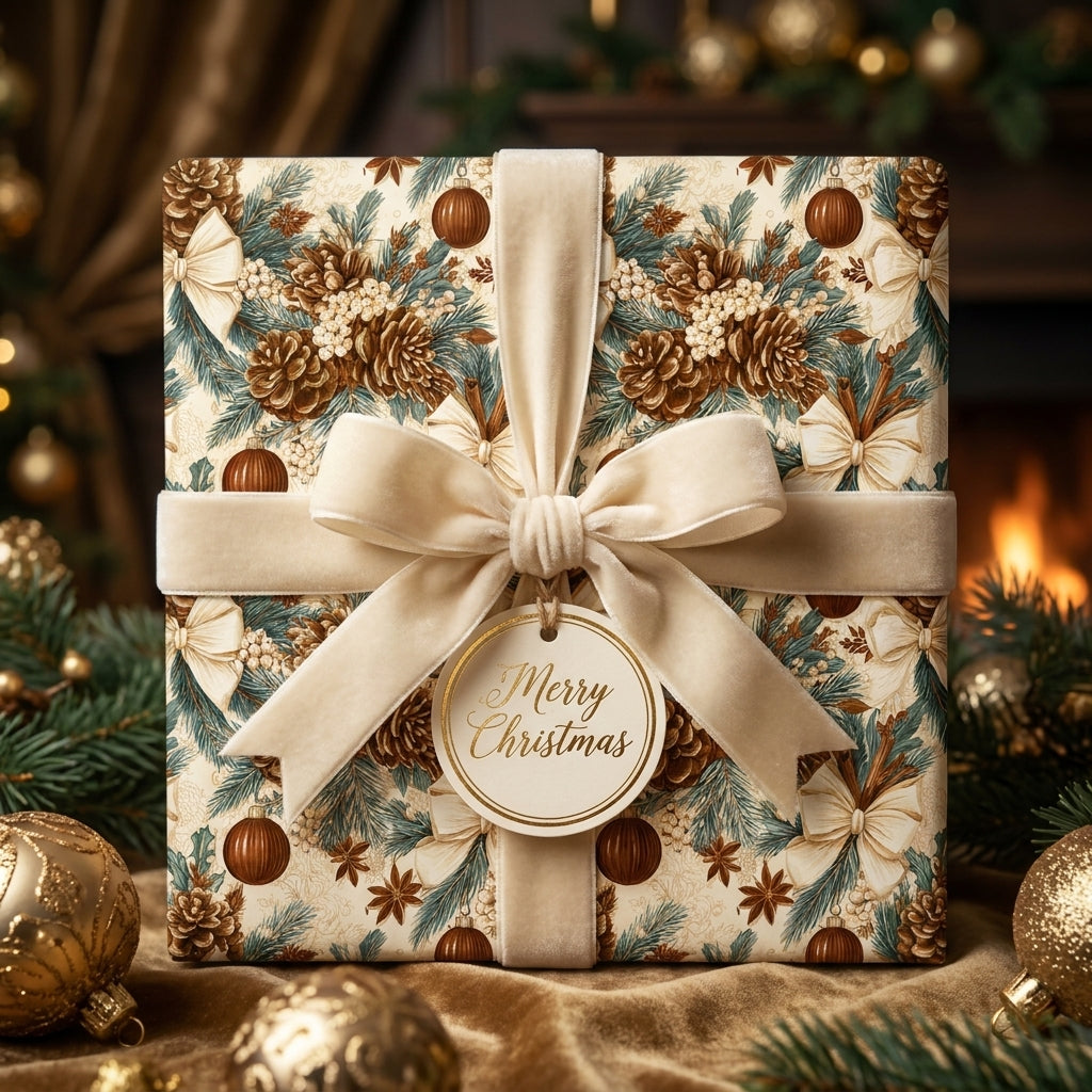 Luxury vintage Christmas wrapping paper with a pinecone design and cream velvet ribbon by Wrapped Studios.