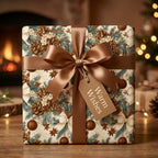 Vintage Christmas wrapping paper with rustic pinecone pattern and brown satin bow by Wrapped Studios.