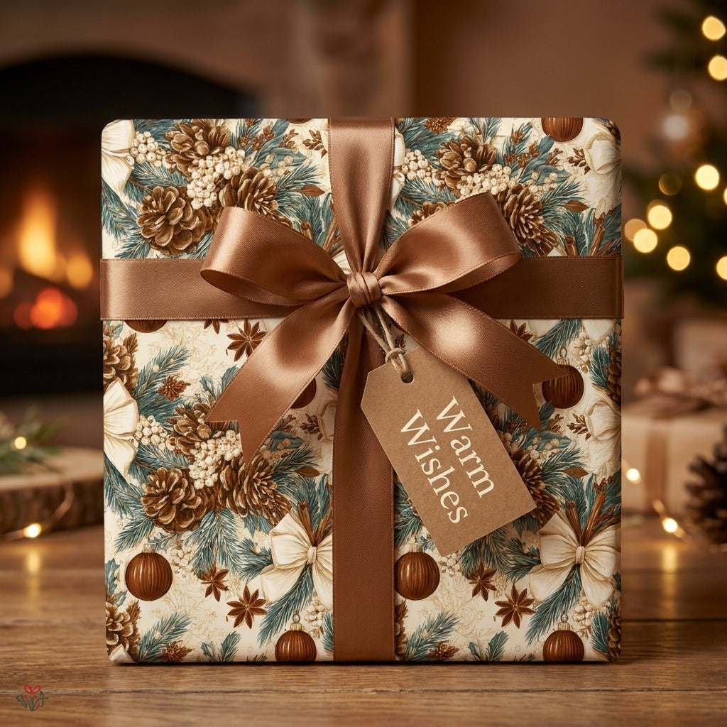 Vintage Christmas wrapping paper with rustic pinecone pattern and brown satin bow by Wrapped Studios.