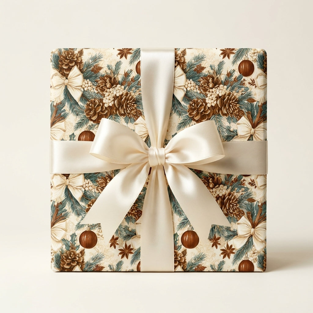 Luxury Christmas wrapping paper with vintage pinecone pattern and ivory satin bow by Wrapped Studios.