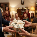 Hands passing a gift in rustic Christmas wrapping paper with a cream bow, by Wrapped Studios.