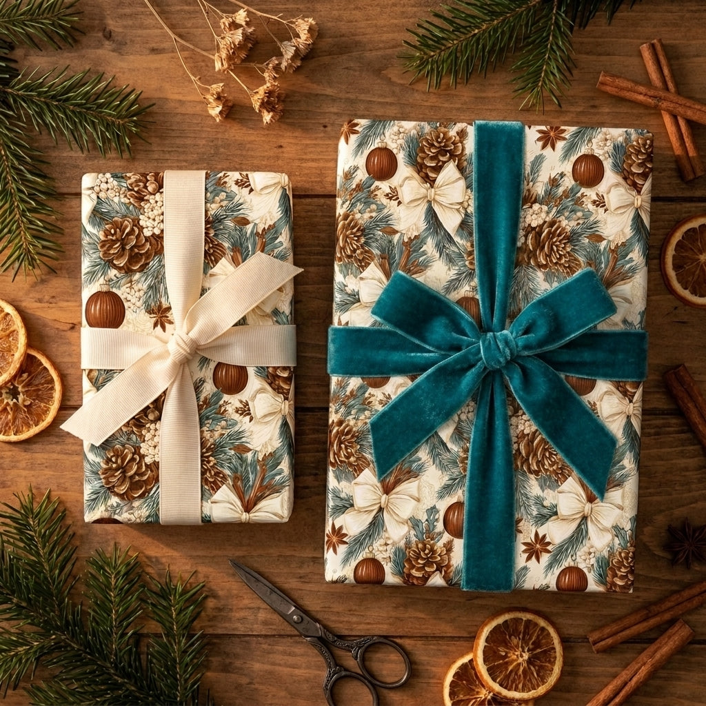 Vintage Christmas wrapping paper with pinecone pattern and teal velvet ribbon by Wrapped Studios.
