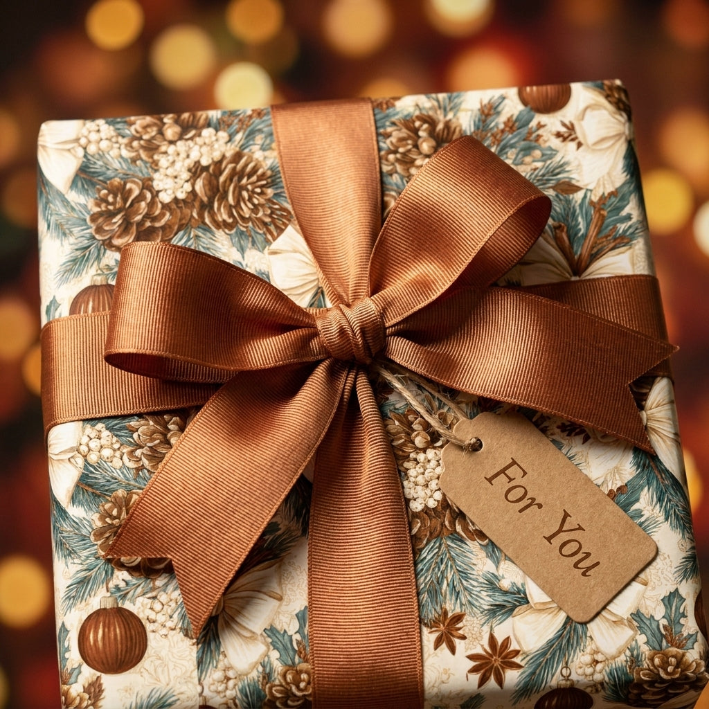 Rustic vintage Christmas wrapping paper with pinecone pattern and bronze bow by Wrapped Studios.