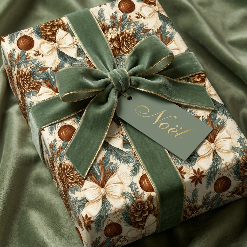 Luxury Christmas wrapping paper with pinecones and a green velvet bow by Wrapped Studios.
