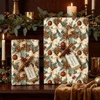 Rustic Christmas wrapping paper with pinecone pattern on holiday gifts by Wrapped Studios.