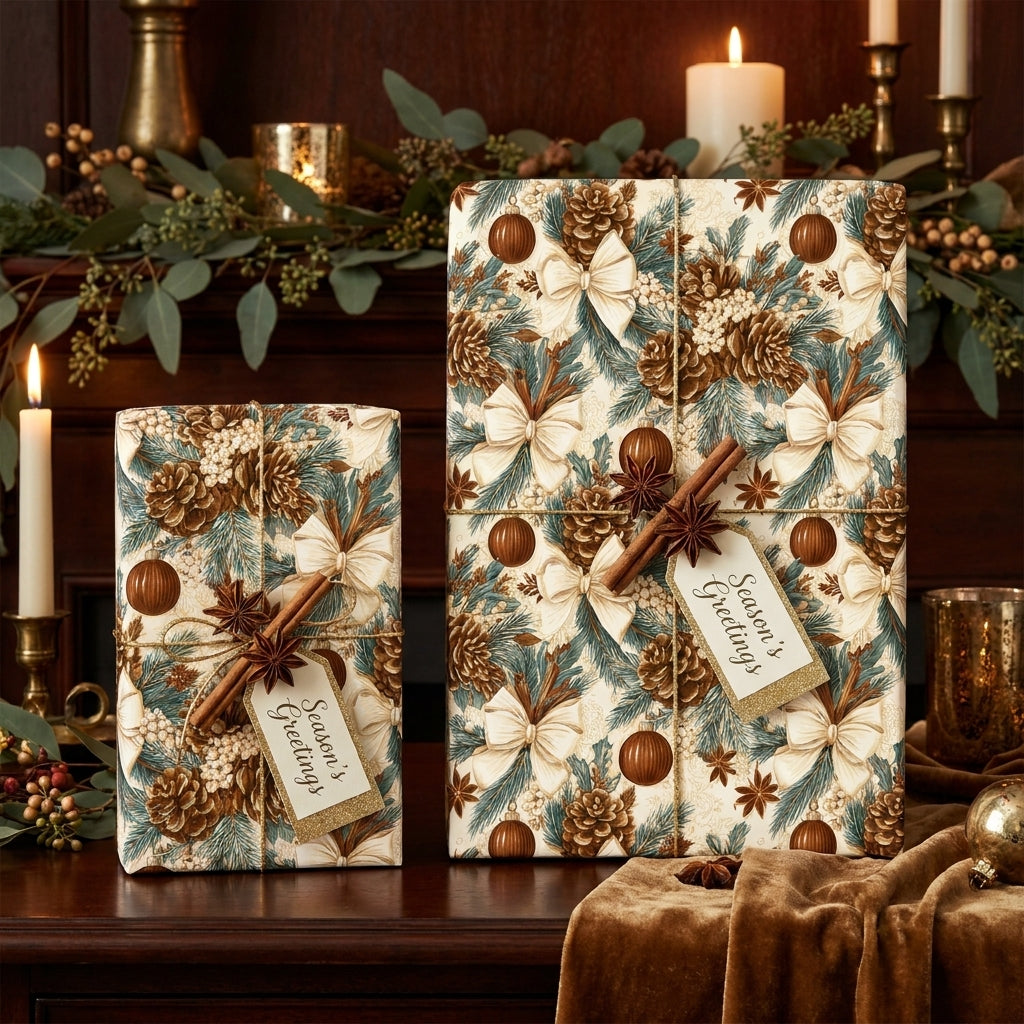 Rustic Christmas wrapping paper with pinecone pattern on holiday gifts by Wrapped Studios.