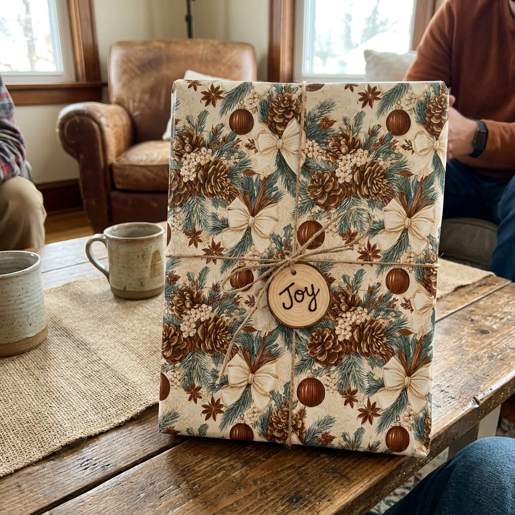 Rustic pinecone Christmas wrapping paper with a 'Joy' tag on a cozy wooden table by Wrapped Studios.