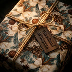 Vintage Christmas wrapping paper with rustic woodland pattern, twine bow, and wood tag by Wrapped Studios.
