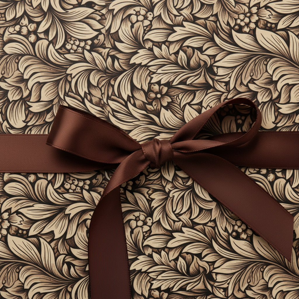 Elegant floral wrapping paper with a brown satin ribbon on a gift box.