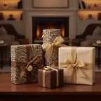 Elegant gifts wrapped in floral wrapping paper with gold ribbon, perfect for Christmas, birthdays, or other special occasions.