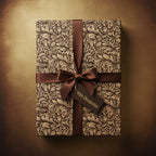 Elegant gift box wrapped in floral wrapping paper with a brown satin ribbon and a tag.