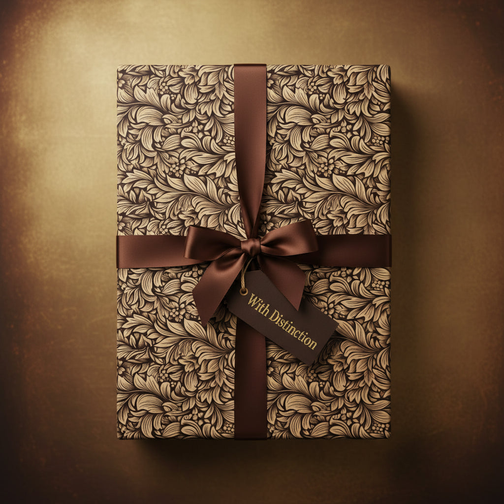 Elegant gift box wrapped in floral wrapping paper with a brown satin ribbon and a tag.