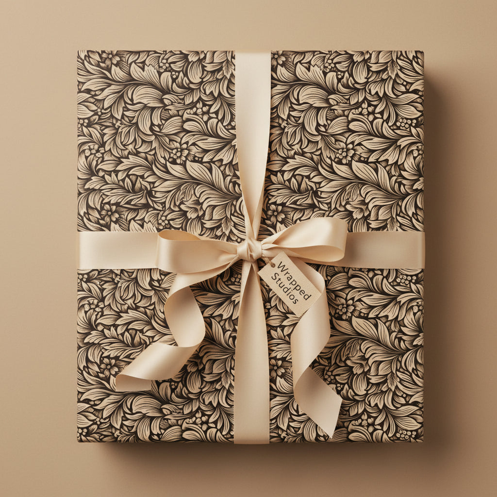 Elegant floral wrapping paper on a square gift box with a cream satin ribbon and bow.