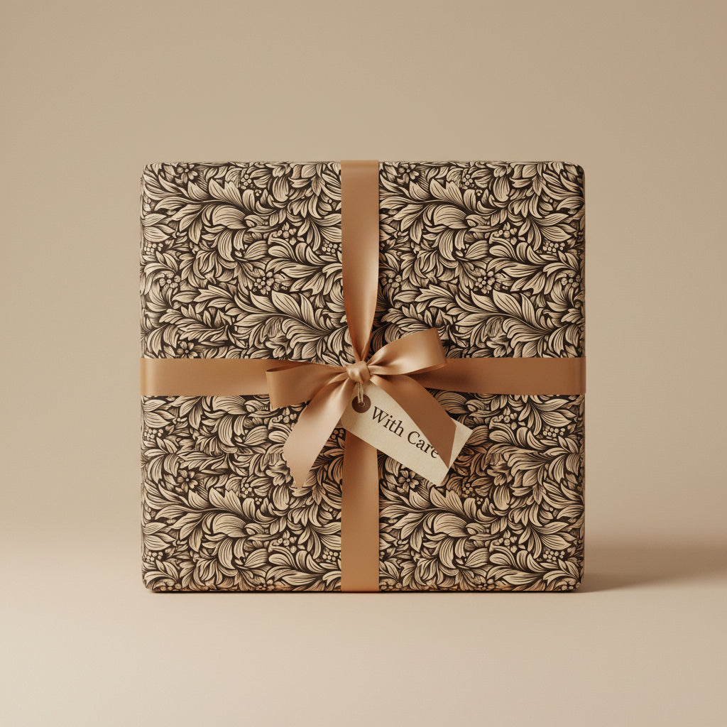 Elegant gift wrapped in floral wrapping paper with gold ribbon and "With Care" tag.
