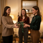 Women exchanging a gift wrapped in floral wrapping paper with a green ribbon, possibly for Christmas.