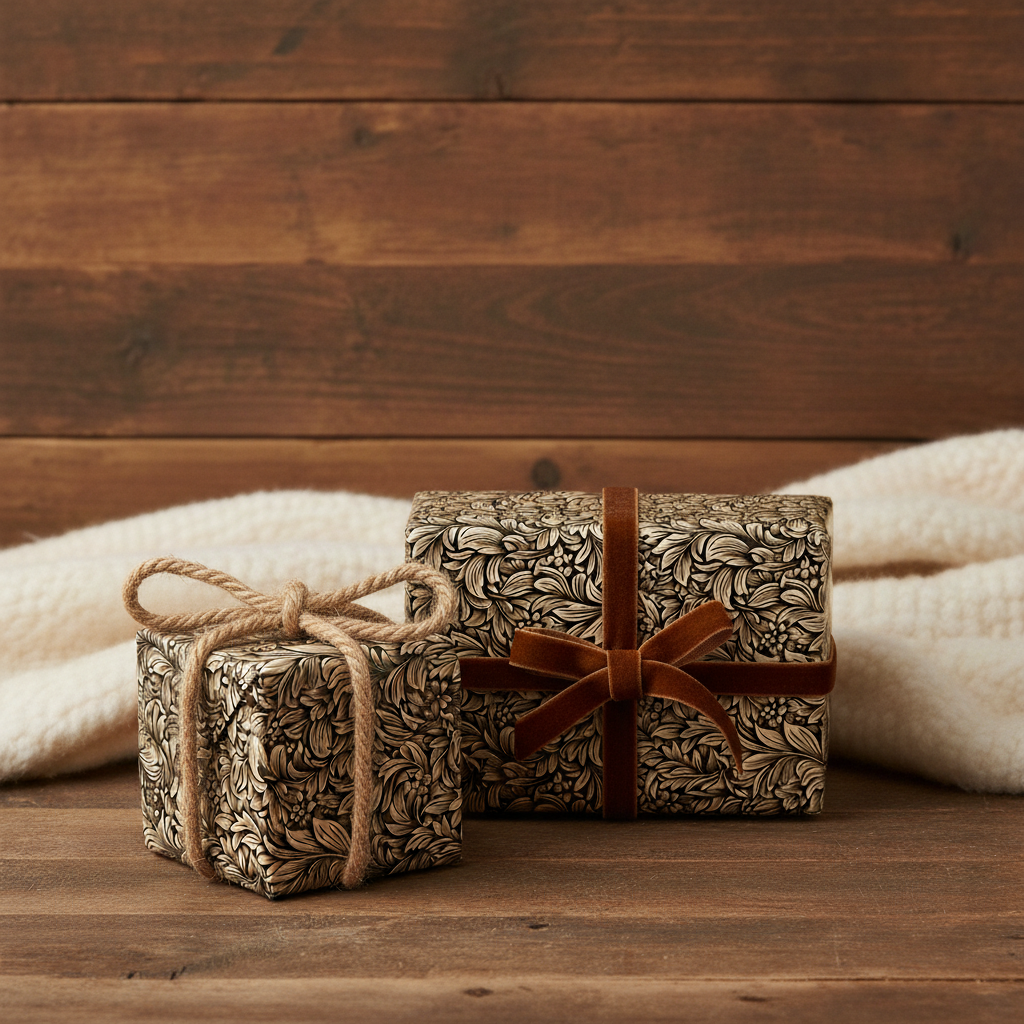 Two gifts wrapped in elegant floral wrapping paper with brown velvet and jute ribbon on wood.