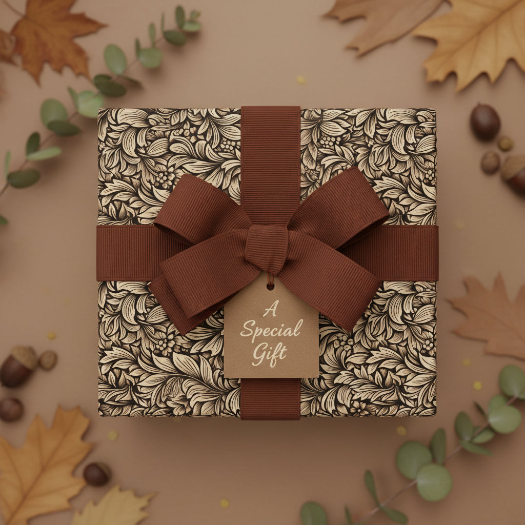 Elegant floral gift wrapped in decorative wrapping paper with a brown ribbon and “A Special Gift” tag.