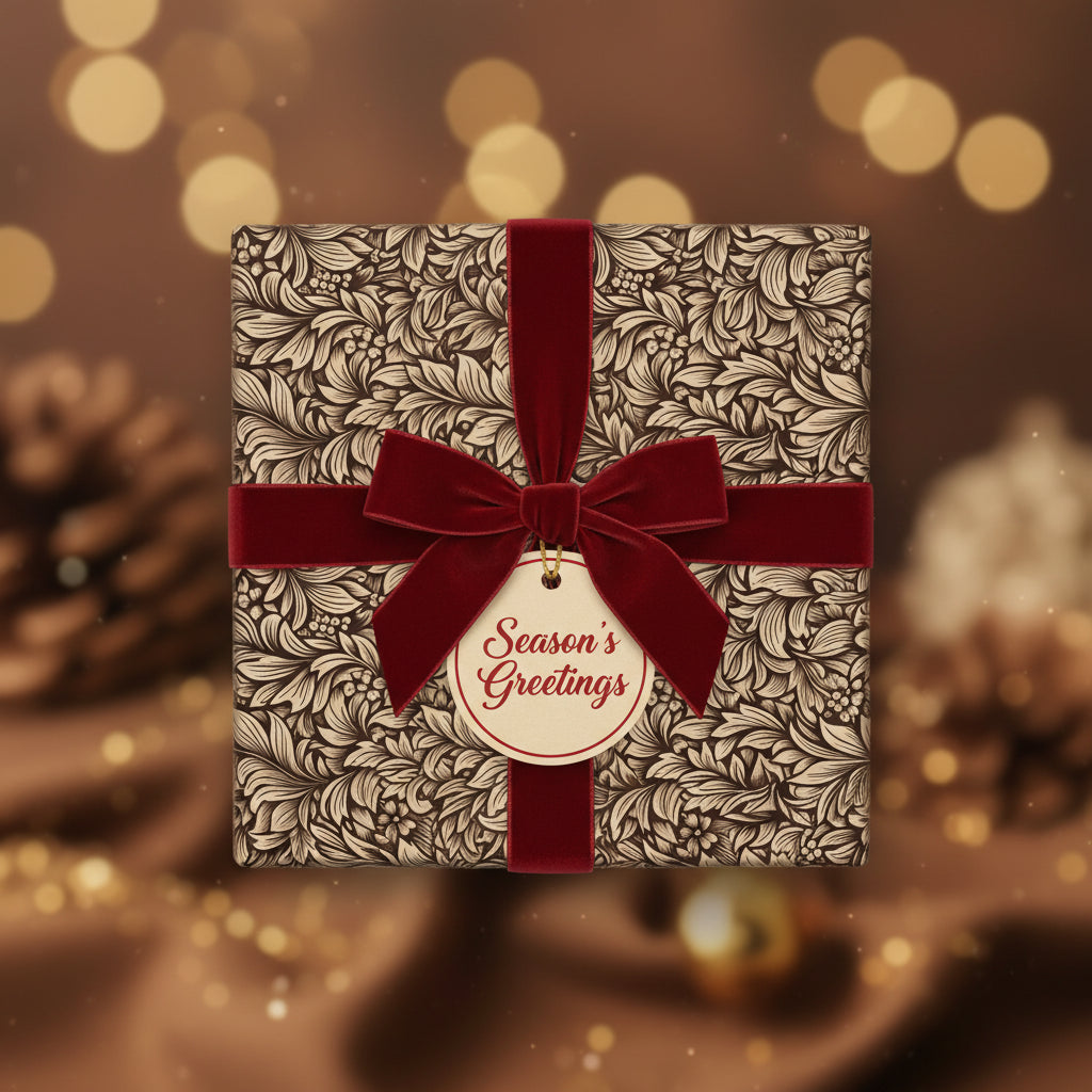 Elegant Christmas gift wrapped in floral paper with a velvet red bow.