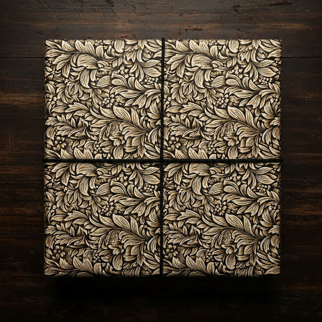 Square gift wrapped in luxury gold and black floral wrapping paper with twine, on dark wood.