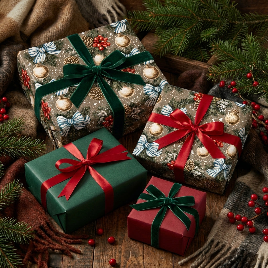 Vintage Christmas wrapping paper and solid holiday gift wrap with velvet ribbons by Wrapped Studios.