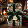 Vintage Christmas wrapping paper with a green velvet bow and Merry Christmas tag by Wrapped Studios.