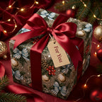 Luxury Christmas gift wrap with festive botanical print and red satin bow by Wrapped Studios.