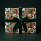 Luxury Christmas gift wrap with vintage pinecone pattern and dark green velvet bow by Wrapped Studios.