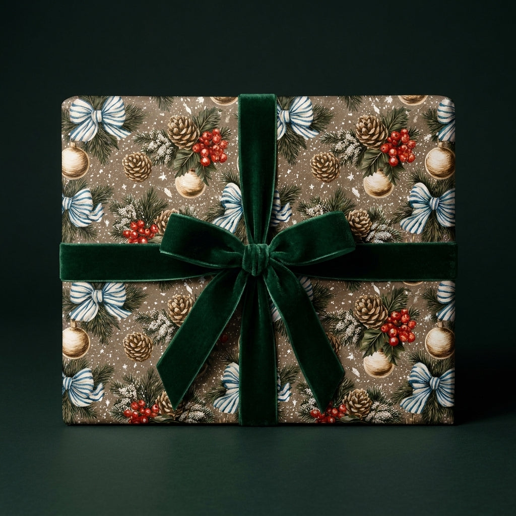 Luxury Christmas gift wrap with vintage pinecone pattern and dark green velvet bow by Wrapped Studios.