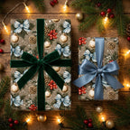 Luxury Christmas wrapping paper with vintage pinecone pattern and velvet ribbon by Wrapped Studios.