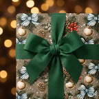 Vintage Christmas wrapping paper featuring pinecones, ornaments, and a large green bow by Wrapped Studios.