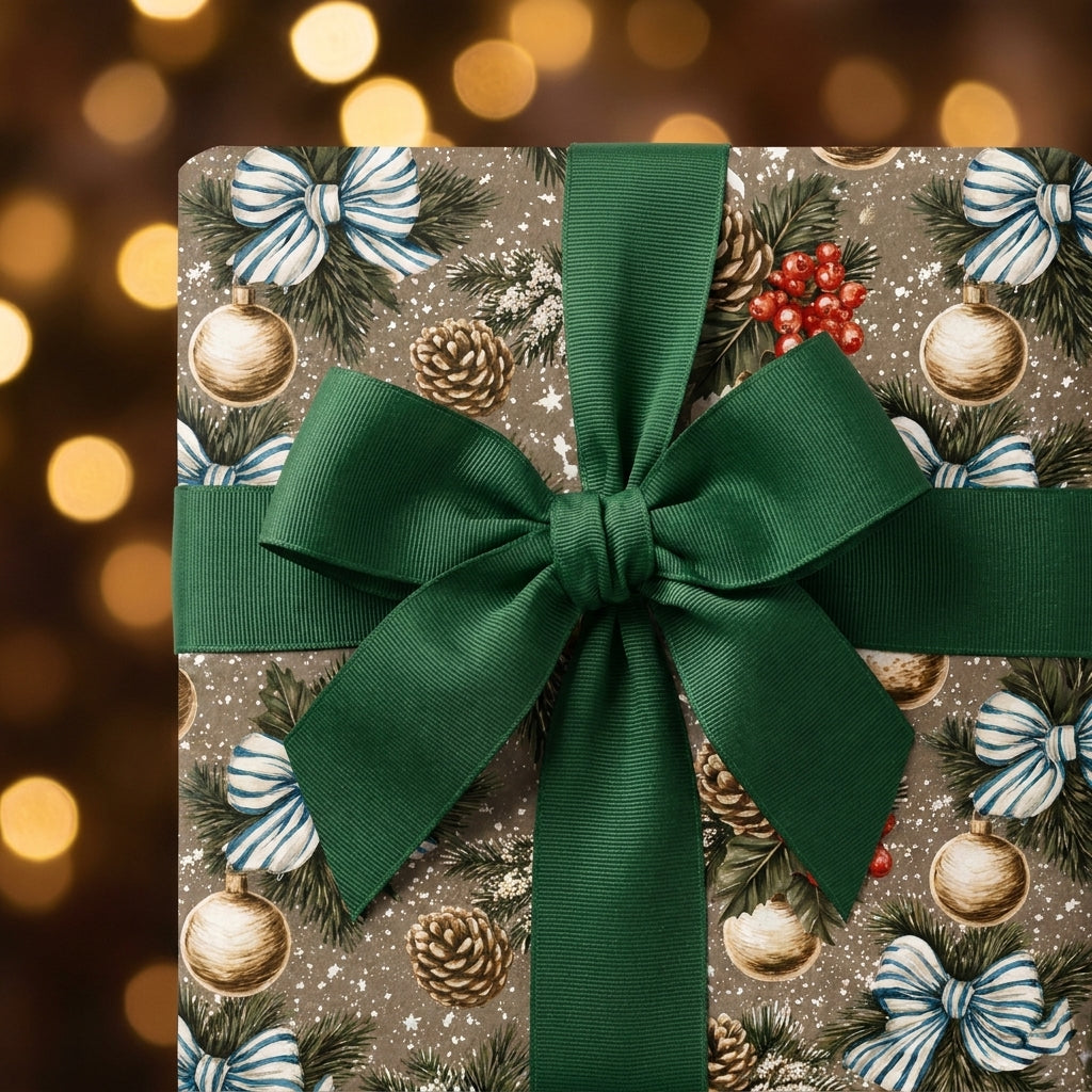 Vintage Christmas wrapping paper featuring pinecones, ornaments, and a large green bow by Wrapped Studios.