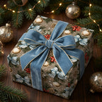Luxury Christmas wrapping paper with vintage pine print and blue velvet bow by Wrapped Studios.