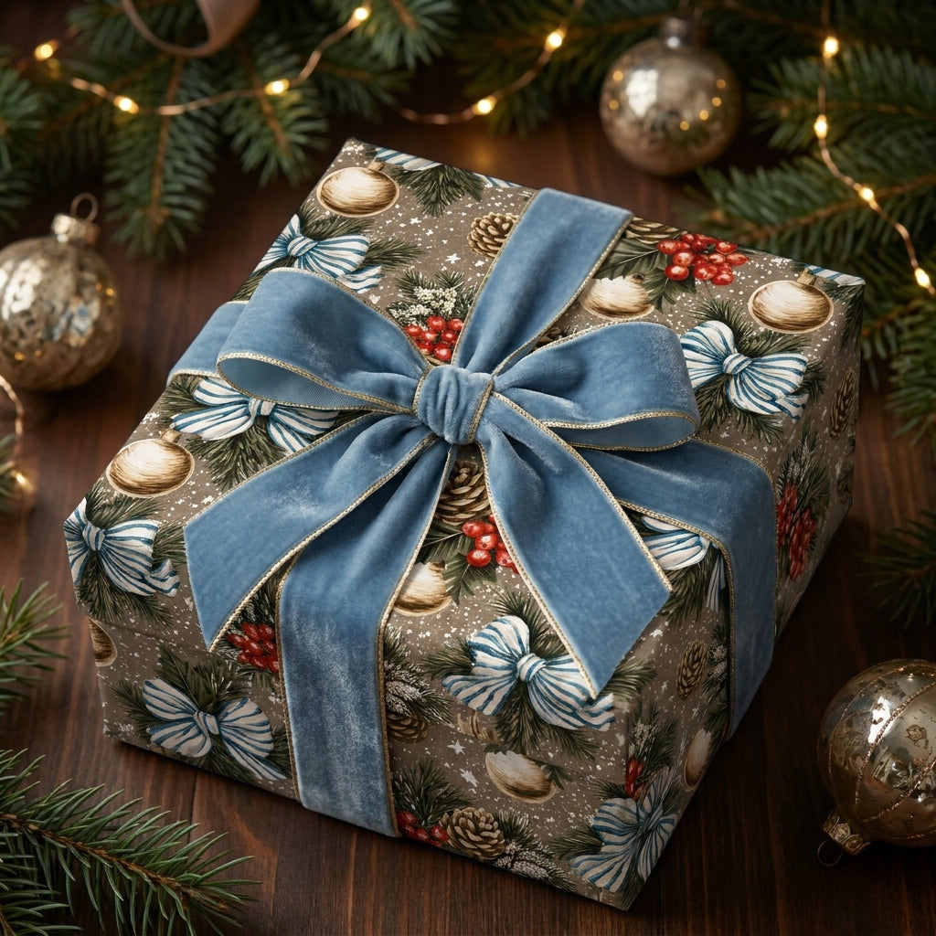 Luxury Christmas wrapping paper with vintage pine print and blue velvet bow by Wrapped Studios.