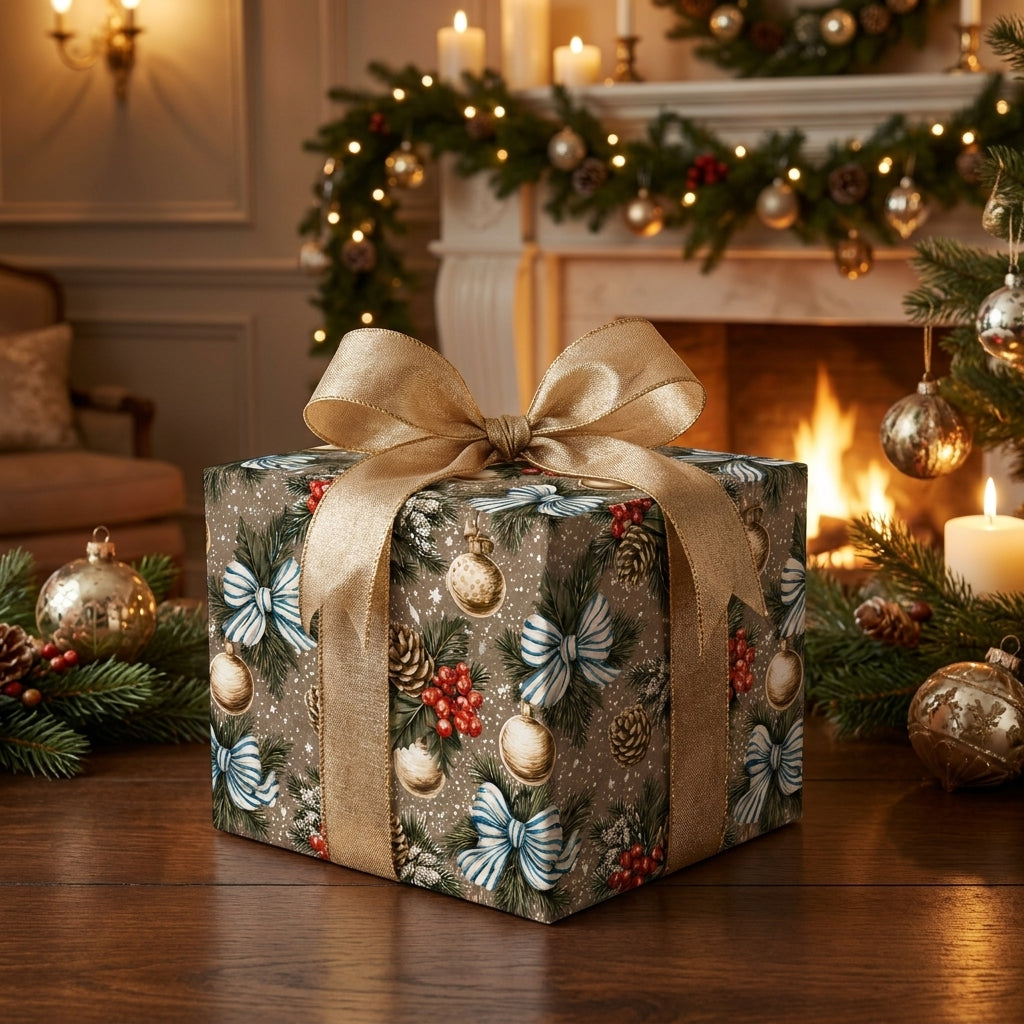Vintage Christmas wrapping paper with a luxury gold bow by a cozy holiday fireplace, from Wrapped Studios.